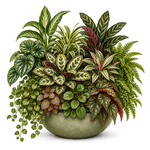 Mixed tropical plants in a green bowl