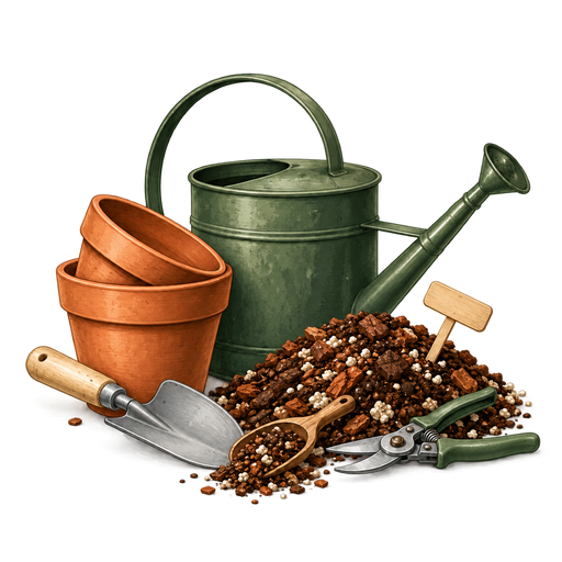 Watering can, pots, tools and chunky potting mix