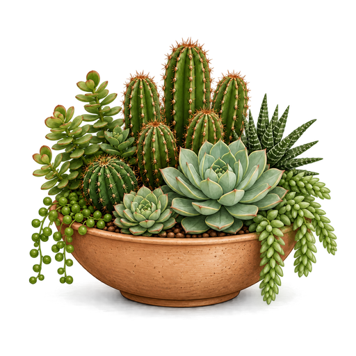 Succulents and cacti in a terracotta bowl