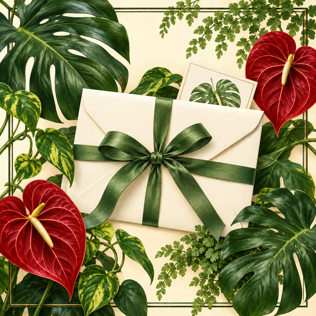 Cream gift envelope surrounded by tropical foliage and red Anthurium flowers